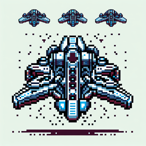futuristic spaceship old nintendo game sprite.
Single Game Texture.  In-Game asset.  2d.  Blank background.  High contrast.  No shadows
