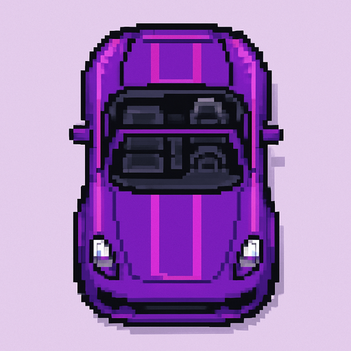 Draw 2d pixel Open top sports car top view purple..
In-Game asset.  2d.  High contrast.  No shadows