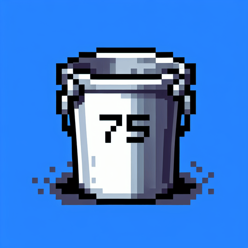 silver bucket with 75 text on it
. front view. Single Game Texture. In-Game asset. 2d. Blank background. High contrast. No shadows. pixel. 8 bit