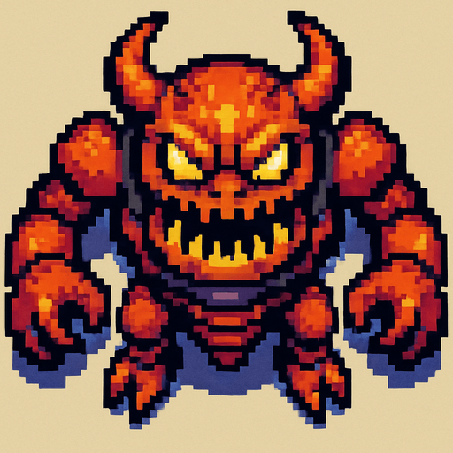 Un enemigo jefe nivel avanzado visto desde arriba, pixel cartoon..
In-Game asset.  2d.  High contrast.  No shadows