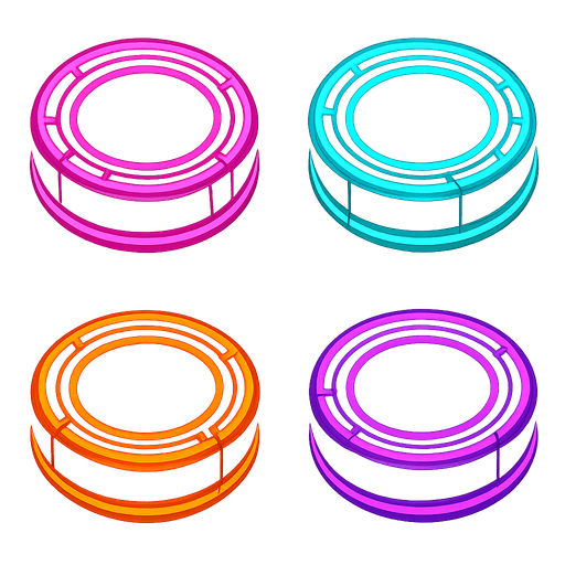 Create round buttons, that look like cyberpunk neon hockey discs.
In-Game asset.  2d.  High contrast.  No shadows