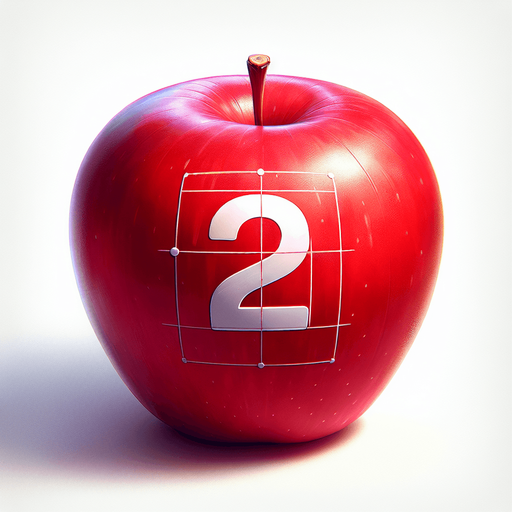 a white " 2" on a  red apple..
Single Game Texture. In-Game asset. 2d. Blank background. High contrast. No shadows.