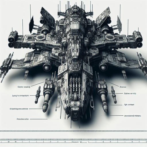 an enemy spaceship equipped with weapons.
Single Game Texture.  In-Game asset.  2d.  Blank background.  High contrast.  No shadows