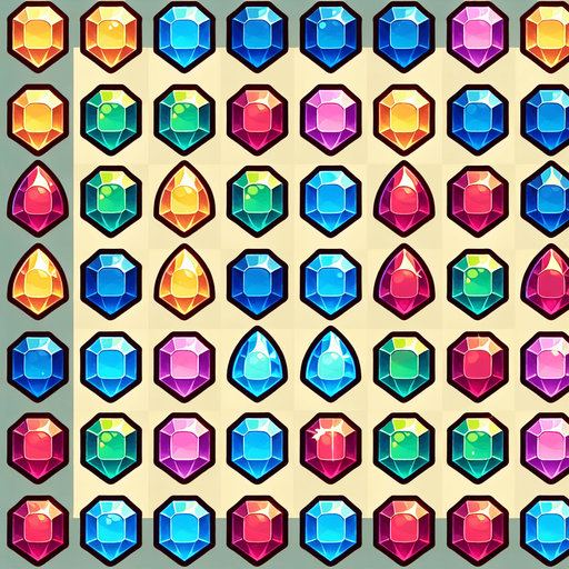Match 3 gem sprite sheet.
Single Game Texture. In-Game asset. 2d. Blank background. High contrast. No shadows.