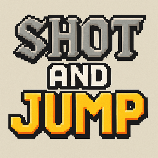 letras hechas con pixeles que dicen shot and jump las letras shot tendran un estilo medieval y tendran un color gris,las letras and color blanco con contorno negro y las letras jump de color amarillo con contorno naranja