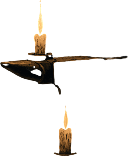 A medieval craftsman's workshop, cluttered with wooden tools, candlelight flickering on iron anvils and scrolls, stone walls, dusty air, dark fantasy realism.
In-Game asset.  2d.  High contrast.  No shadows