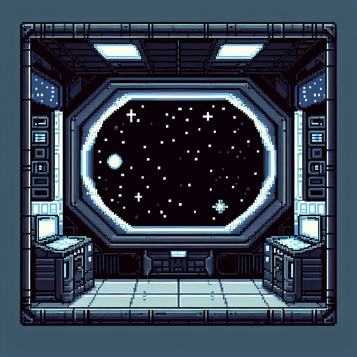 Pixelart. A background window for an in-game shop, with a space theme. The center part should be a large blank area with space for the items and labels for sale in the game shop. The blank space could have the form of a black computer screen inside a spaceship..
Single Game Texture. In-Game asset. 2d. Blank background. High contrast. No shadows.