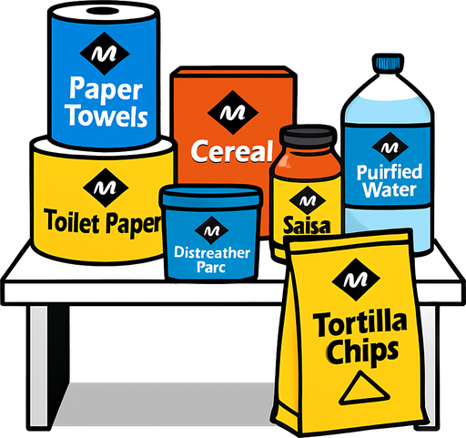 Una mesa de un demostrados, con productos members mark..
In-Game asset.  High contrast.  No shadows