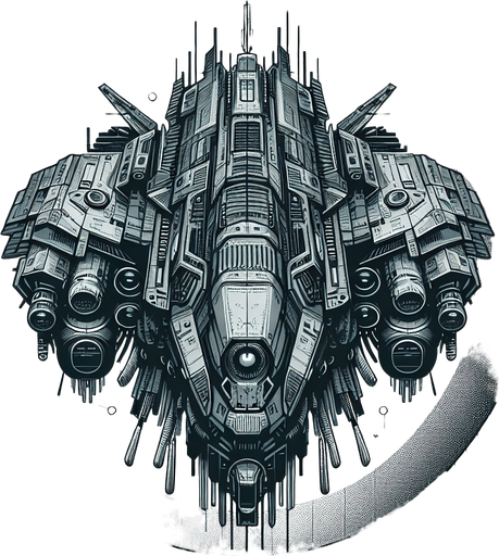 Terminator style 2D enemy ship. Facing dead south.
Single Game Texture.  In-Game asset.  2d.  Blank background.  High contrast.  No shadows
