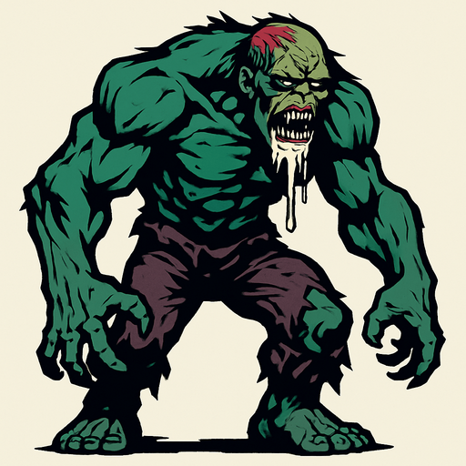 bana büyük bir zombi yap ama yine ağızında salyalar olsun dağınık olsun ve güçlü dursun.
In-Game asset.  2d.  High contrast.  No shadows