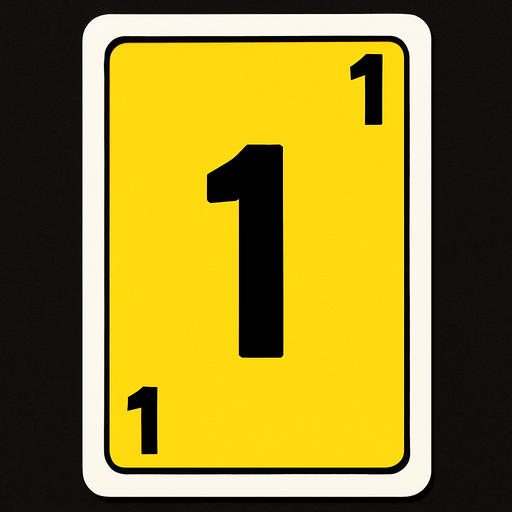 Rectangular card numbered 1, with a white border around it and a yellow background..
In-Game asset.  2d.  High contrast.  No shadows