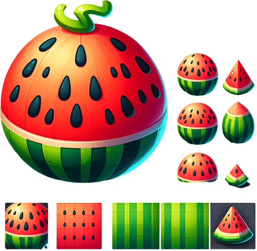 watermelon,cartoon,2d,blank background.
Single Game Texture.  In-Game asset.  2d.  Blank background.  High contrast.  No shadows