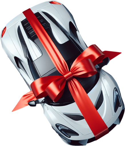 top full view luxury white sports car with a red ribbon