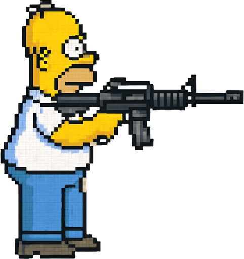 homero simpson hecho con pixeles de cuerpo completo con perspectiva lateral apuntando con rifle de asalto m4
I