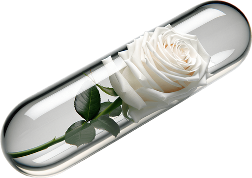 elegant white rose in a long transparent futuristic glass tube.