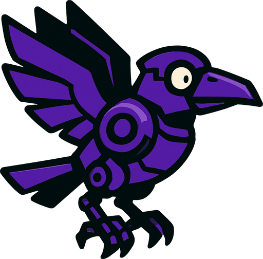 Crow robot morado volando.
In-Game asset.  2d.  High contrast.  No shadows