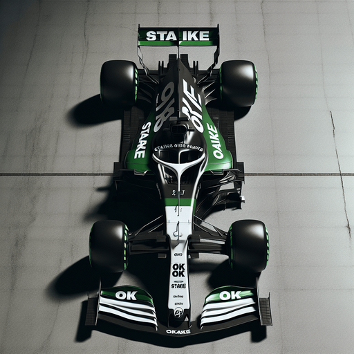 Photorealistic f1 race car, Top view. Black and grassgreen painted body. White "Staike" text on rear wing. OK OK texts on front wing.