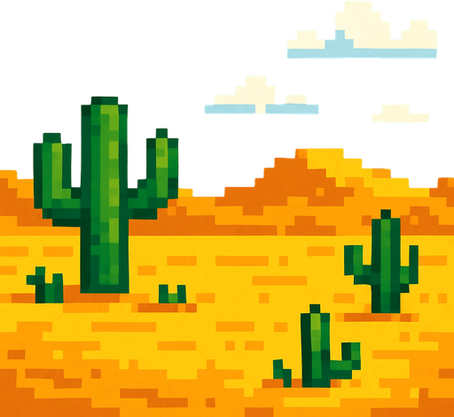 Make a 2D image of a pixelated desert.
In-Game asset.  2d.  High contrast.  No shadows