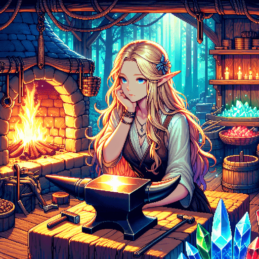 A blonde elf with long hair and a serious expression, working at an anvil in the center of the screen. The scene takes place in a magical forge inside a forest cabin, with a glowing hearth in the background. The elf is surrounded by blue, green, and red crystals, adding an enchanting atmosphere to the room. The warm glow of the fire and the shimmering crystals illuminate the elf's focused face and her skilled work..
Single Game Texture.  In-Game asset.  2d.  Blank background.  High contrast.  No shadows. pixel art