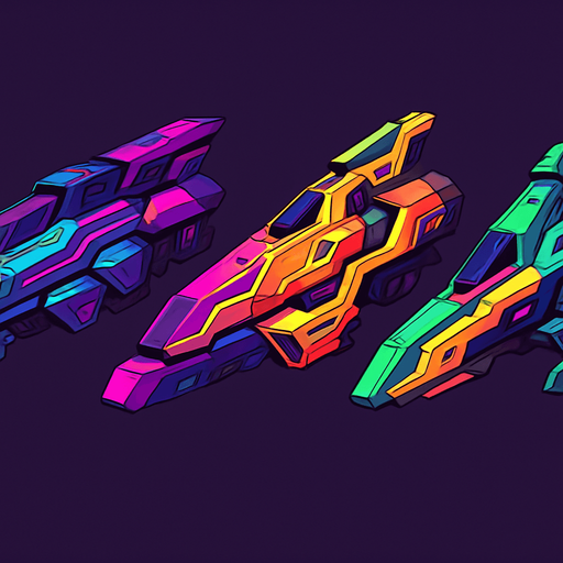Cyber Ship assets, Cyberpunk, Abstract, Futuer, HD colors, Different colors. Horizontal. seen from a side.
In-Game asset.  2d.  High contrast.  No shadows