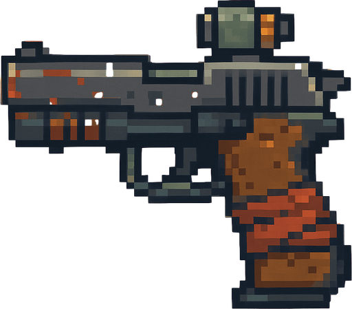 Pistol post apocalyptic world pixel art less pixel.
In-Game asset.  2d.  High contrast.  No shadows