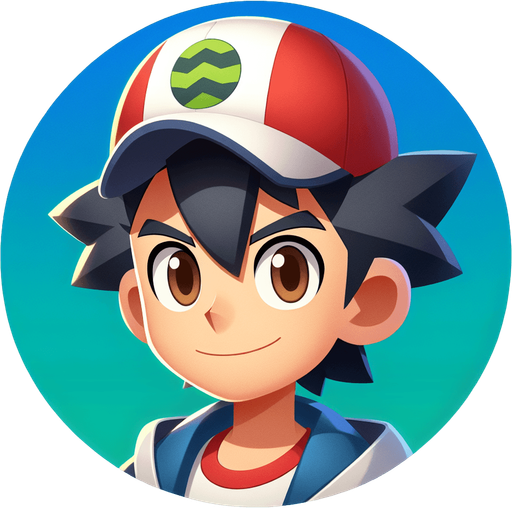 Generate a circular profile picture of Ash Ketchum from Pokémon, smiling..