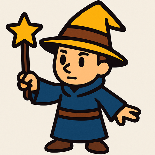 Mago con sombrero amarillo y marrón sin barba con varita con estrella sin barba, de cuerpo entero.
In-Game asset.  2d.  High contrast.  No shadows