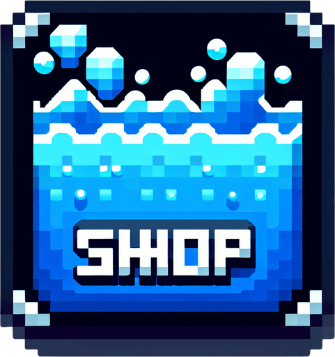 Water themed gui icon that has the text "Shop" on it. 8-bit art style..
Single Game Texture. In-Game asset. 2d. Blank background. High contrast. No shadows.