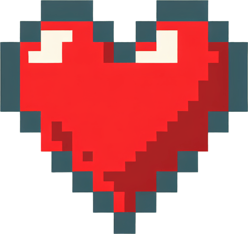 A red heart in pixel style representing the lifes of the player in a video game.
Single Game Texture. In-Game asset. 2d. Blank background. High contrast. No shadows.