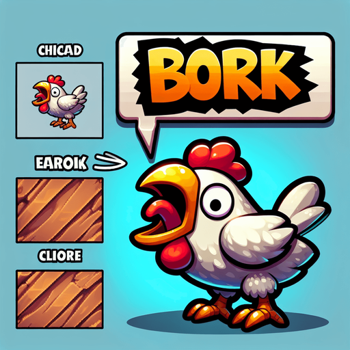 Cartoon Chicken Shouting. Speech bubble with text "Bork"
Single Game Texture.  In-Game asset.  2d.  Blank background.  High contrast.  No shadows