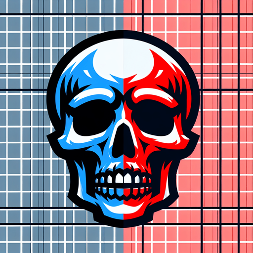 tête de mort coter droit en bleu coter gauche en rouge.
Single Game Texture. In-Game asset. 2d. Blank background. High contrast. No shadows.