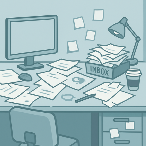 Modern office/workspace with subtle chaotic elements
Include desk with scattered papers, coffee stains, overflowing inbox, sticky notes
Light, neutral color palette (pale blue/gray) with professional appearance
Should look slightly overwhelming but clean enough to not distract from gameplay.
In-Game asset.  2d.  High contrast.  No shadows