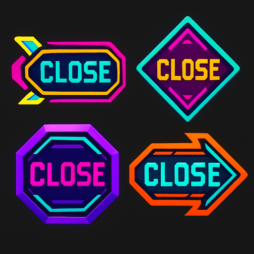 Close buttons random shapes & have text 'Close'. HD colors. Cyberpunk. Abstract. Different colors.
In-Game asset.  2d.  High contrast.  No shadows