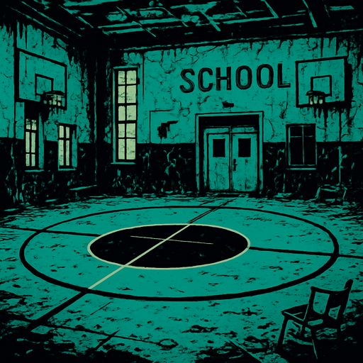 Make a centercircle in an abandoned school.
In-Game asset.  2d.  High contrast.  No shadows