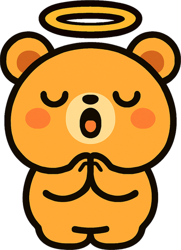 un oso redondito, con una aureola, cara kawai y con los brazitos juntitos como rezando y cantando.
In-Game asset.  2d.  High contrast.  No shadows