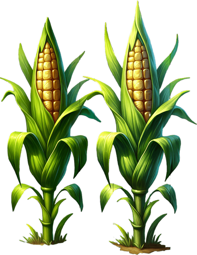 A young, unripe corn plant..
Single Game Texture. In-Game asset. 2d. Blank background. High contrast. No shadows.