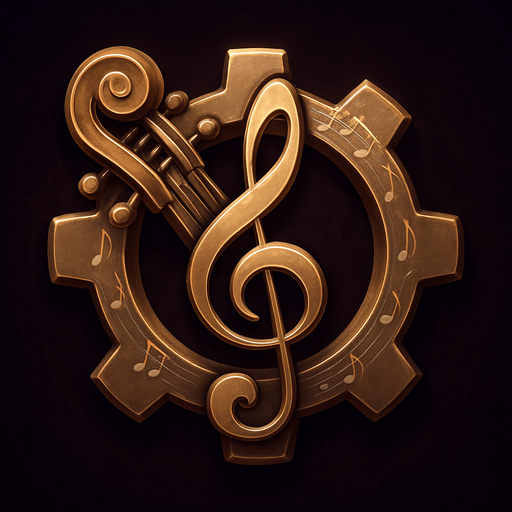 Design an icon for the Settings menu in a fantasy tower defense game set in a haunted concert hall. The icon should be a stylized gear or cogwheel, but with a musical twist: integrate treble clefs, tuning pegs, or parts of old instruments (like violin scrolls or piano strings) into the gear design.

Use metallic textures (bronze, dark gold, or polished silver), with soft magical glow or engraved music notes along the edges.
Background should be subtle—deep velvet or dark wood, with ambient lighting to highlight the gear.

Icon must be square (256×256 px), readable at small sizes, and include no text.
Style: elegant, orchestral fantasy UI—matching the tone of a classical concert hall with magical elements..
In-Game asset.  2d.  High contrast.  No shadows