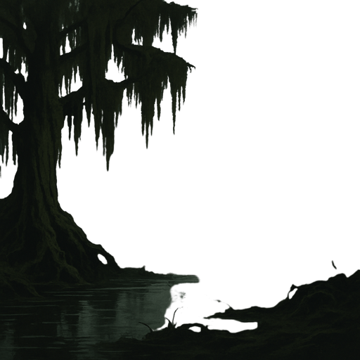 A gloomy medieval swamp with moss-draped trees, murky water reflecting a grey sky, eerie fog drifting over twisted roots, dark fantasy mood, realistic.
In-Game asset.  2d.  High contrast.  No shadows