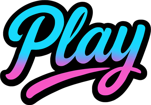 las letras play con un color celeste y rosa combinados con una cursiva
In-Game asset.  2d.  High contrast.  No shadows con contorno negro