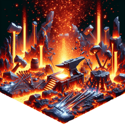 Backdrop: A grand forge surrounded by molten lava and glowing hammers mid-swing.

Colors: Fiery reds and oranges with metallic silver and gray.

Details: Sparks flying and glowing weapon fragments scattered around..
Single Game Texture. In-Game asset. 2d. Blank background. High contrast. No shadows.