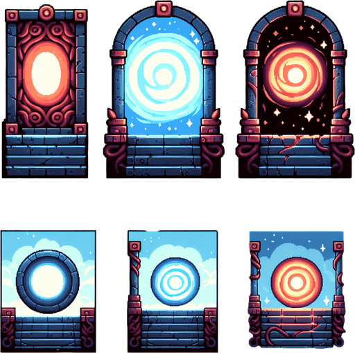 a spritesheet of 2 sprites of a portal, one on and one off.
Single Game Texture. In-Game asset. 2d. Blank background. High contrast. No shadows.