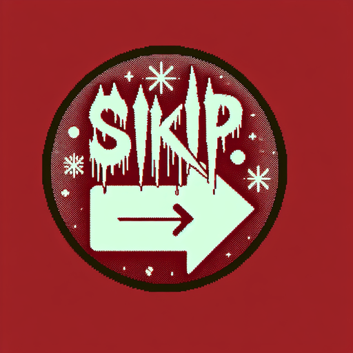 eerie christmas inspired  button as an arrow pointing right that says SKIP in a creepy font  png.
Single Game Texture. In-Game asset. 2d. Blank background. High contrast. No shadows.