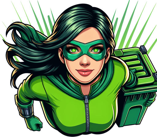 portrait of an garbage collector superhero woman wearing a green eyes mask, flying facing us, smiling in neon green suit..
single sprite, blank background.