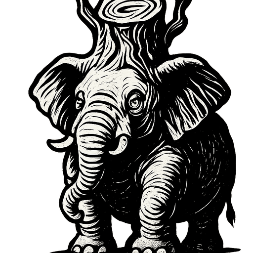 fat elephant with gnarly tree trunk hat..
High contrast.  No shadows