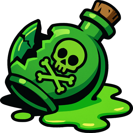 Bana yeşil kırılmış bir zehir şişesi çiz zehir yere akmış.
In-Game asset.  2d.  High contrast.  No shadows