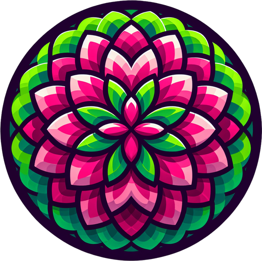 A round magenta and green flower. Top down view.
Single Game Texture. In-Game asset. 2d. Blank background. High contrast. No shadows.