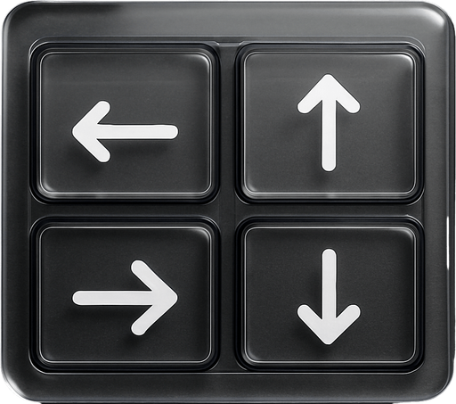 Photorealistic transparent rectange dj deck sample buttons with black rounded corners, front view. White Left, Right, Up, Down arrows, next to each other, front view