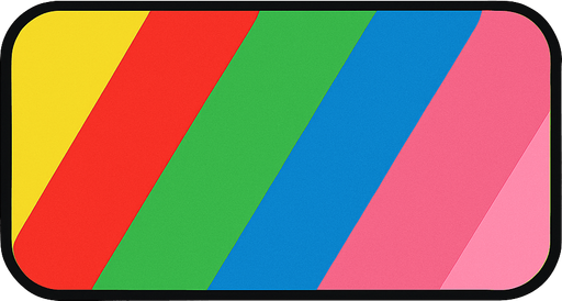 Crea un rectángulo para asset de botón. Debe ser: color amarillo, rojo, verde, azul, gris, rosa dispuestos en forma diagonal irregular por el rectángulo.
Los colores deben ser planos, y los bordes redondeados.
In-Game asset.  2d.  High contrast.  No shadows. anime. simple