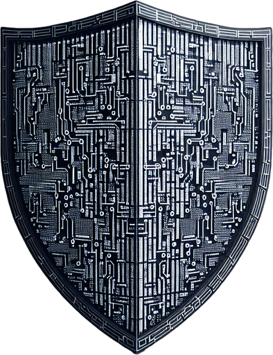 A shield shape formed from a 1's and 0's matrix pattern (like circuitry). Some lines of the grid could be missing or 'glitching' out, suggesting attacks passing through harmlessly.
Single Game Texture.  In-Game asset.  2d.  Blank background.  High contrast.  No shadows
