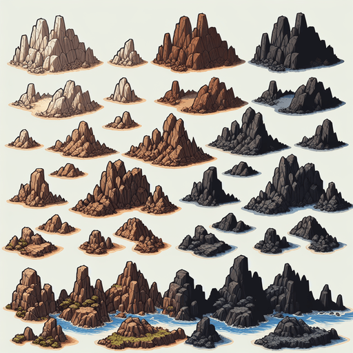 Stone islands of worlds imagination, background, mixed theme, stones_light stones_dark stones_brown stones, mountains..
Single Game Texture. In-Game asset. 2d. Blank background. High contrast. No shadows.